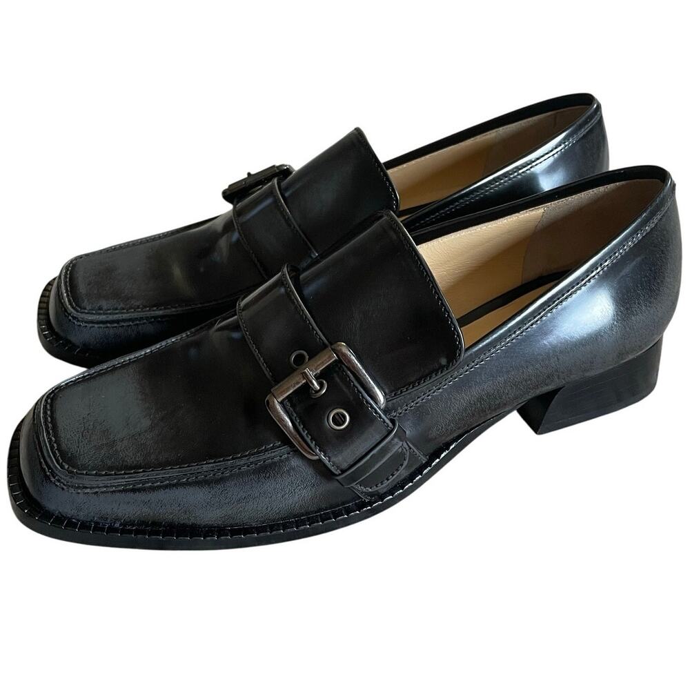 M. Gemi Large Buckle Black Leather Preppy Loafers Scuola EU 38 Block Heels EUC
